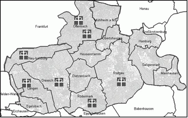 Kreisgebiet Offenbach und Standorte des Diakonischen Werkes Offenbach-Dreieich-Rodgau